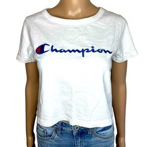 Champion White Logo Crew Neck Short Sleeve Cropped Basic T-Shirt Top